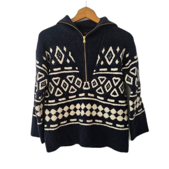 J.Crew Alpaca Wool Half-Zip Sweater | Navy Geometric Knit Après Ski Resort XS-S - Picture 3 of 10
